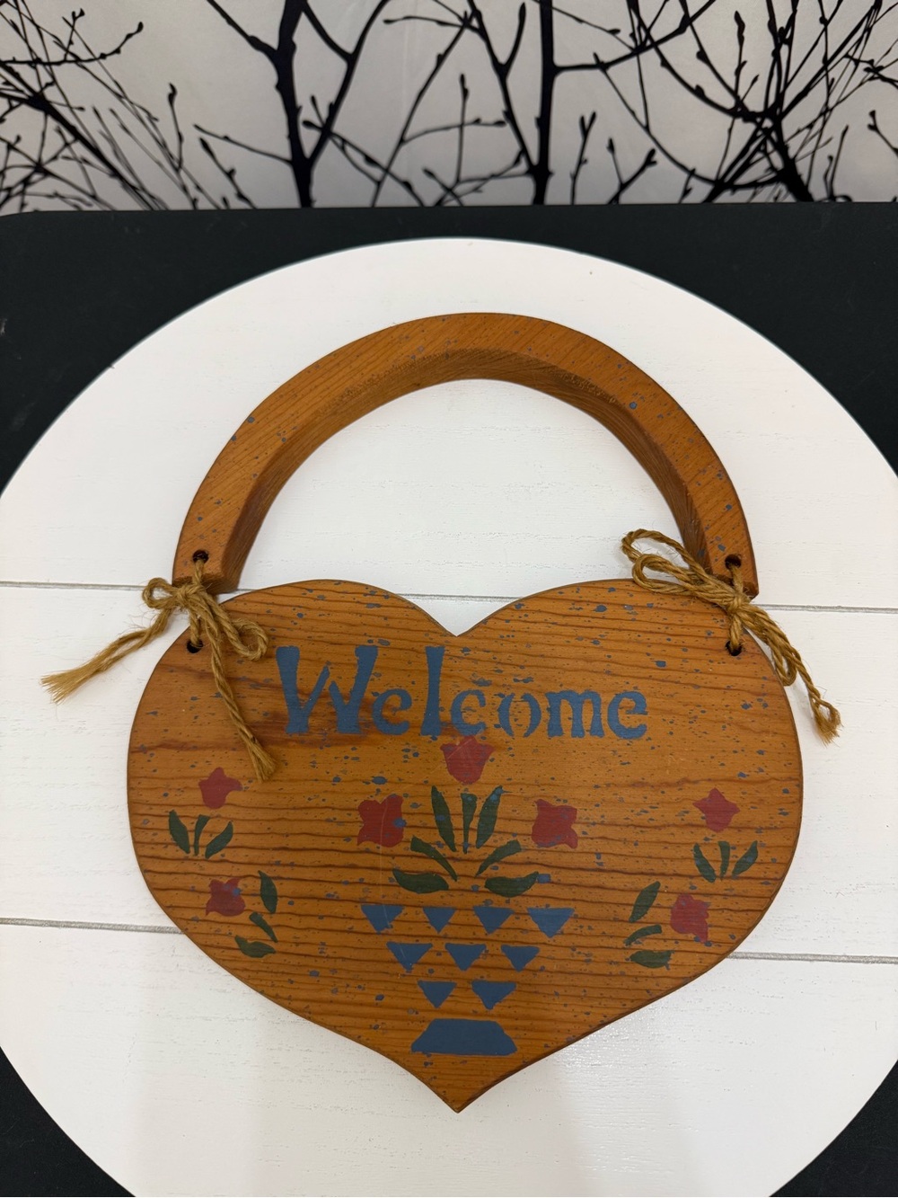 Wooden Wall Hanging Plaque Rustic Country Wood Heart Floral welcome Sign Cottage